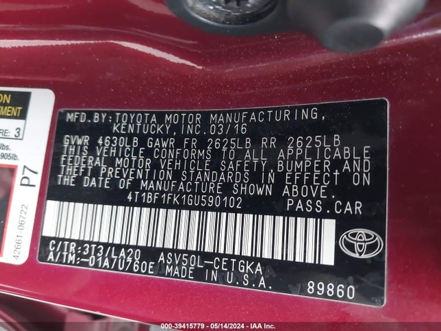 Toyota CAMRY XLE 2016 4T1BF1FK1GU590102 Image 9