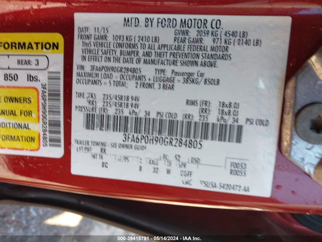 Ford FUSION SE 2016 3FA6P0H90GR284805 Image 9