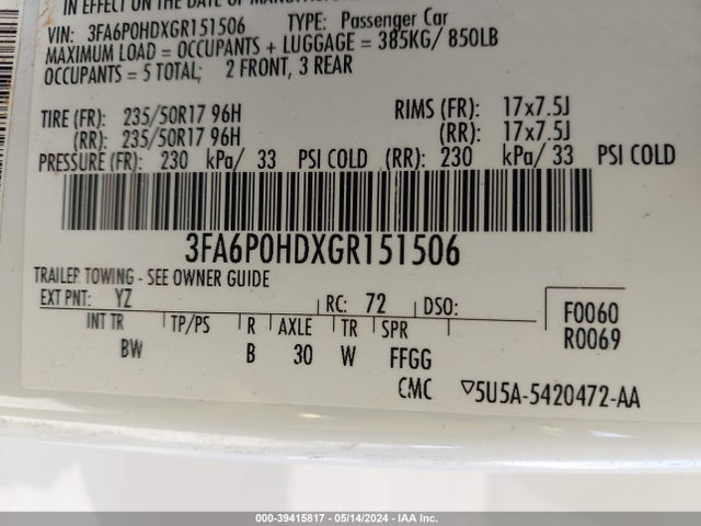 Ford FUSION SE 2016 3FA6P0HDXGR151506 Image 9