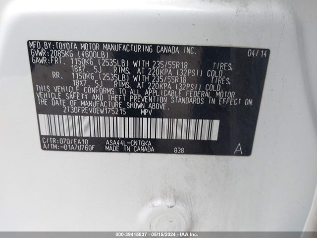 Toyota Rav4 Limited 2014 2T3DFREV0EW175215 Image 9