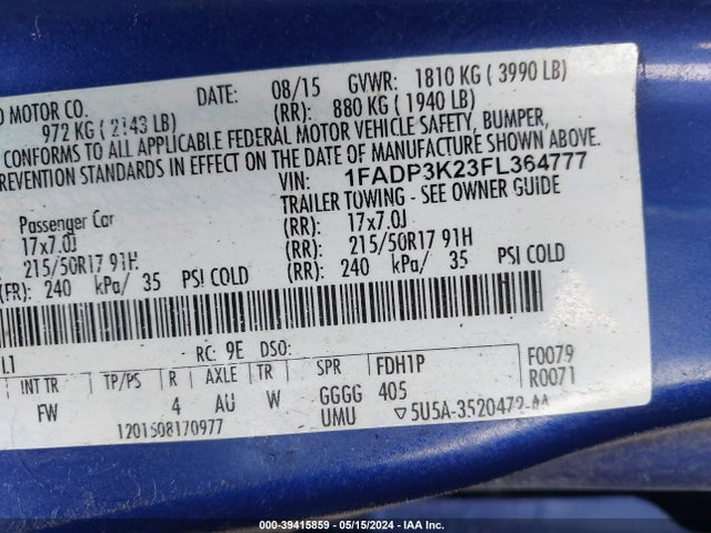 Ford FOCUS SE 2015 1FADP3K23FL364777 Image 9