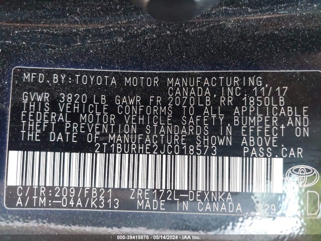 Toyota COROLLA LE 2018 2T1BURHE2JC018573 Image 9