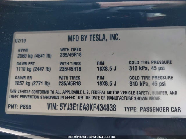 Tesla Model 3 Long Range/mid Range/standard Range/standard Range Plus 2019 5YJ3E1EA8KF434838 Image 9