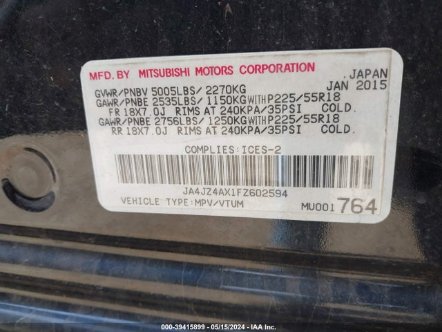 JA4JZ4AX1FZ602594 Mitsubishi OUTLANDER GT