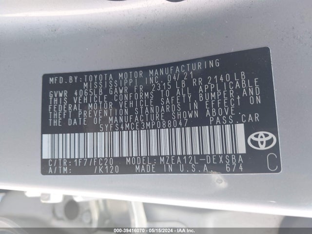 Toyota COROLLA SE 2021 5YFS4MCE3MP088047 Image 9