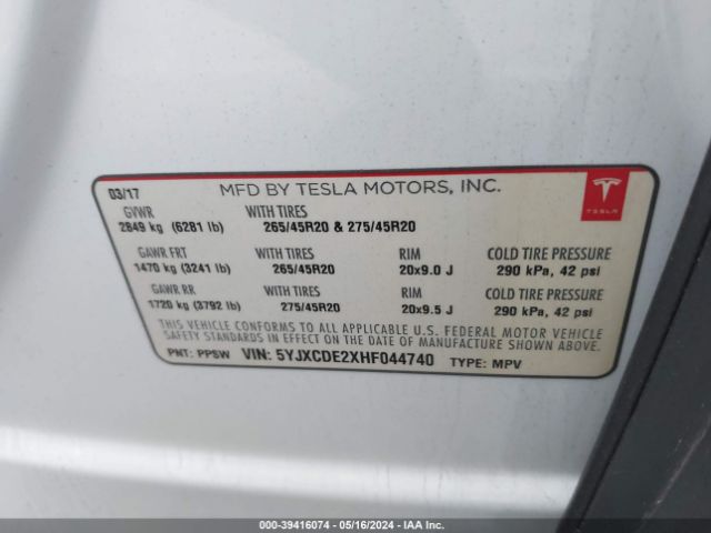 5YJXCDE2XHF044740 Tesla Model X 100d/75d/90d