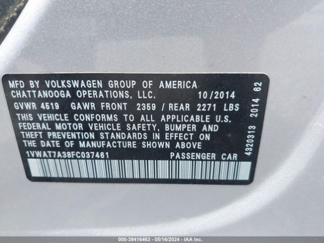 1VWAT7A38FC037461 Volkswagen Passat 1.8t Wolfsburg Edition