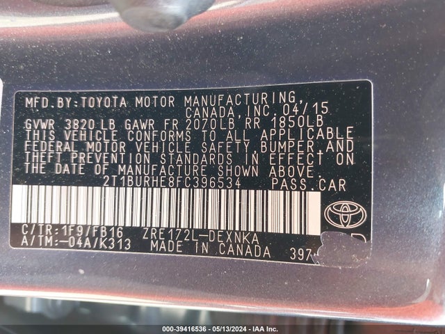 Toyota COROLLA LE 2015 2T1BURHE8FC396534 Image 9