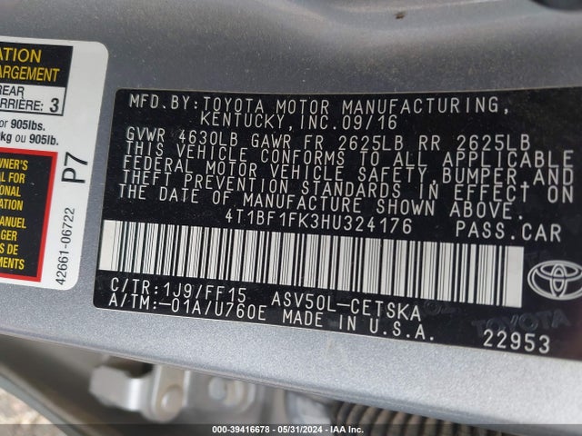 Toyota CAMRY SE 2017 4T1BF1FK3HU324176 Image 9