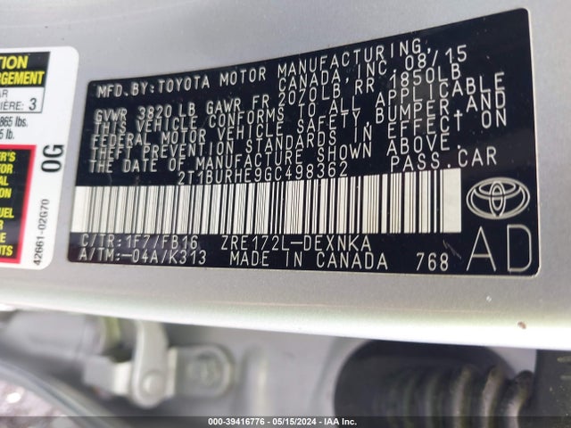 Toyota COROLLA LE 2016 2T1BURHE9GC498362 Image 9