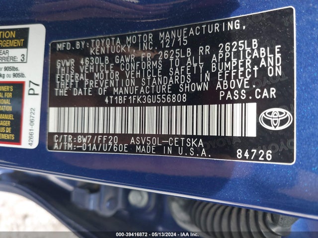 Toyota CAMRY SE 2016 4T1BF1FK3GU556808 Image 9
