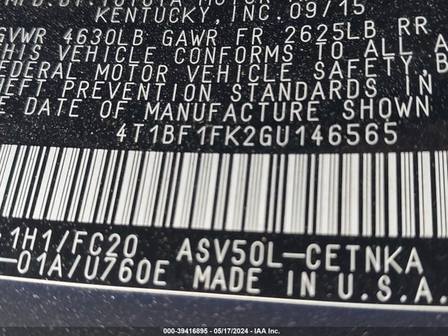 Toyota CAMRY LE 2016 4T1BF1FK2GU146565 Image 9