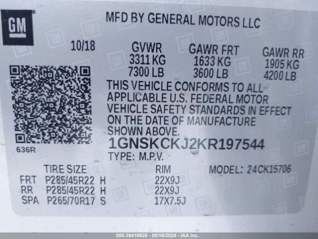 1GNSKCKJ2KR197544 Chevrolet Tahoe Premier