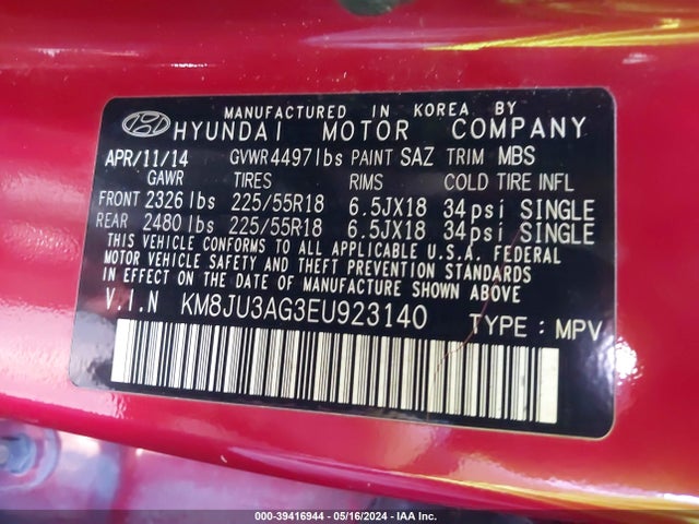 Hyundai Tucson Limited 2014 KM8JU3AG3EU923140 Image 9