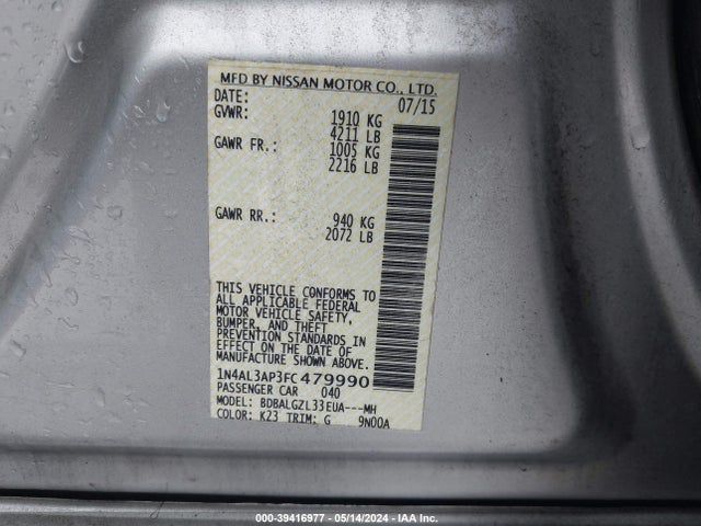 Nissan Altima 2.5 S 2015 1N4AL3AP3FC479990 Image 9