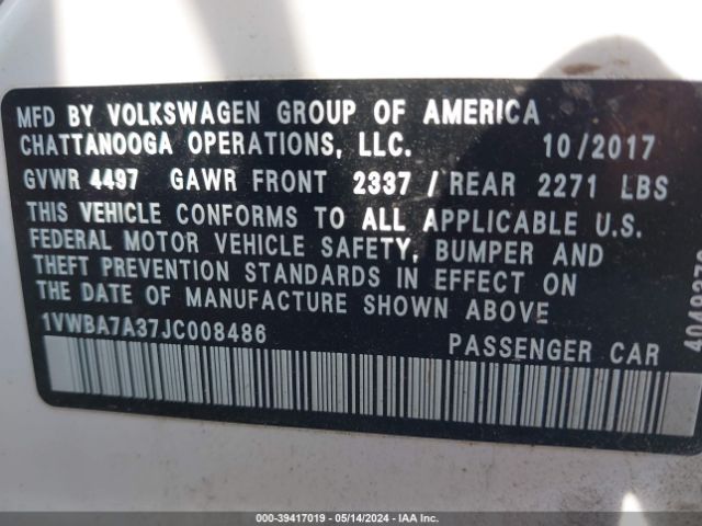 1VWBA7A37JC008486 Volkswagen Passat 2.0t Se