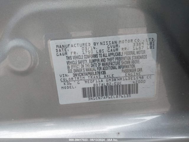 3N1CN7AP6EL876135 Nissan Versa 1.6 S/1.6 S+/1.6 Sl/1.6 Sv