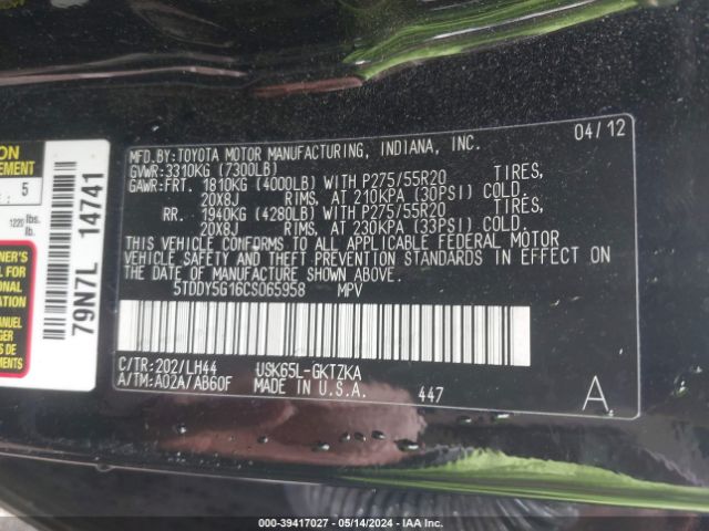 2012 TOYOTA SEQUOIA 5TDDY5G16CS065958 Photo 8