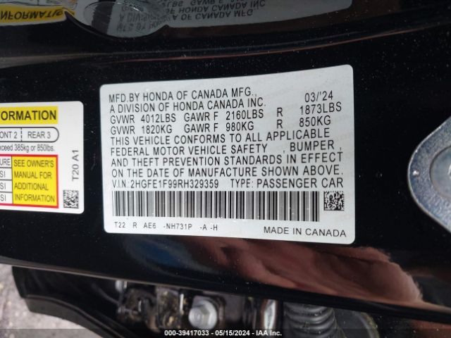 2HGFE1F99RH329359 Honda Civic Touring