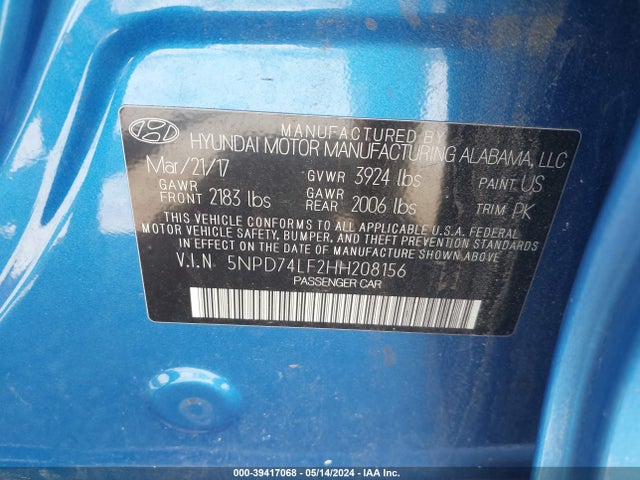 Hyundai ELANTRA SE 2017 5NPD74LF2HH208156 Image 9