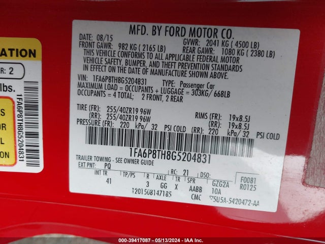 Ford Mustang Ecoboost 2016 1FA6P8TH8G5204831 Image 9