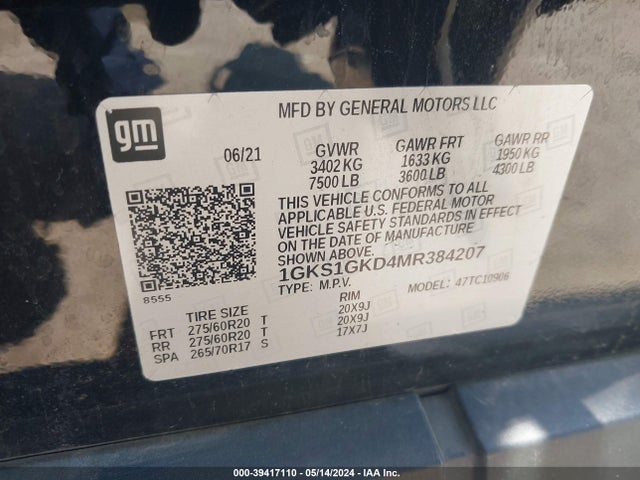 1GKS1GKD4MR384207 GMC Yukon Xl 2wd Slt