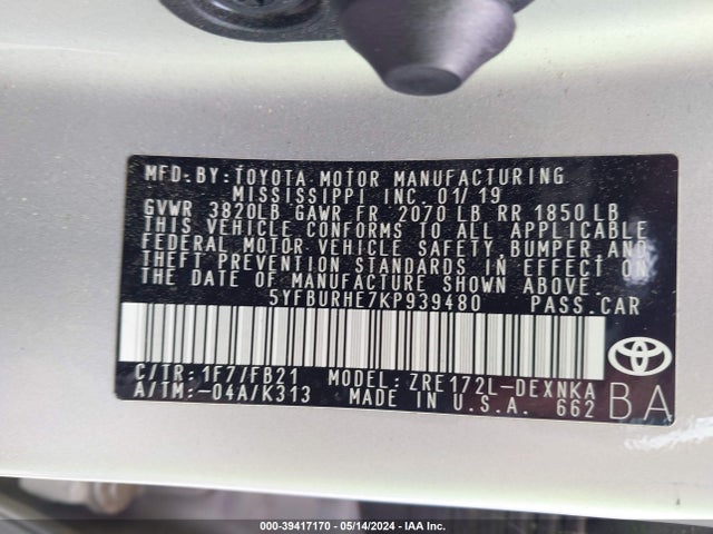 Toyota COROLLA LE 2019 5YFBURHE7KP939480 Image 9