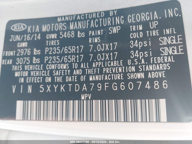 KIA SORENTO LX 2015 5XYKTDA79FG607486 Image 9