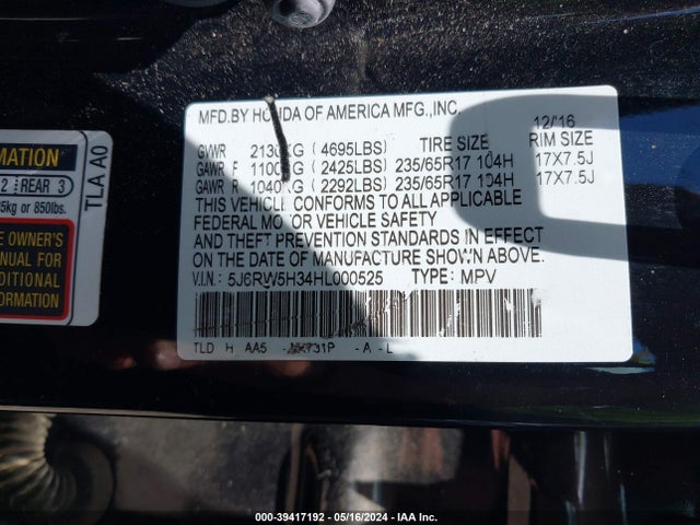 Honda CR-V LX 2017 5J6RW5H34HL000525 Image 9