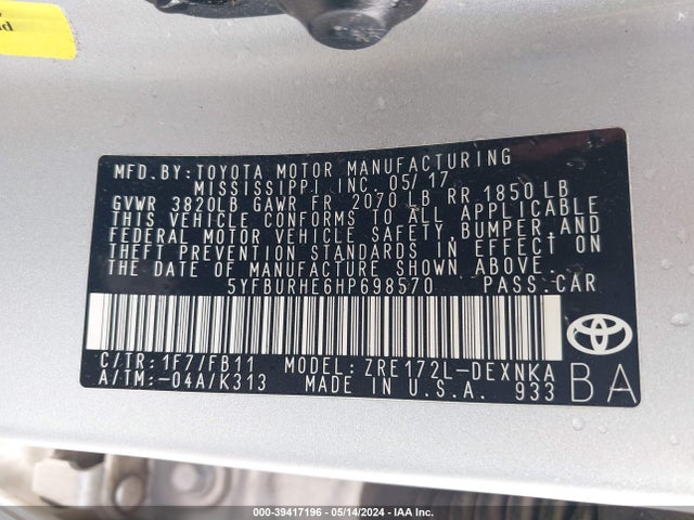 Toyota COROLLA LE 2017 5YFBURHE6HP698570 Image 9