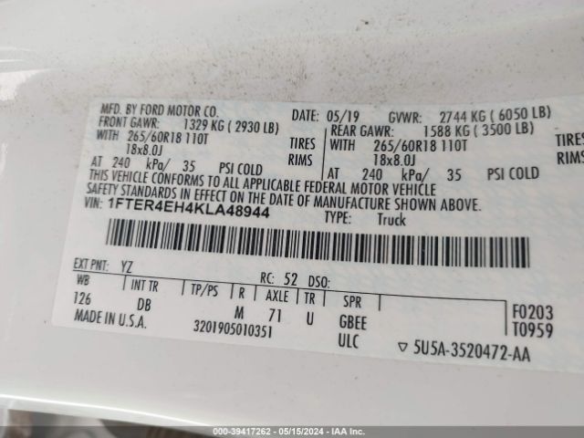1FTER4EH4KLA48944 Ford Ranger Lariat
