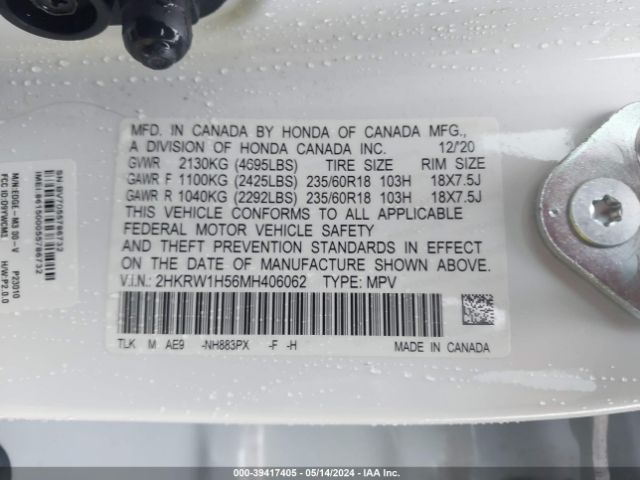 2HKRW1H56MH406062 Honda Cr-v 2wd Ex