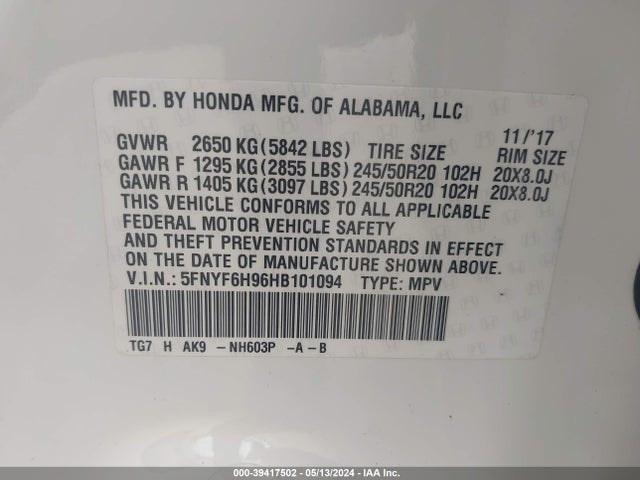 Honda Pilot Touring 2017 5FNYF6H96HB101094 Image 9