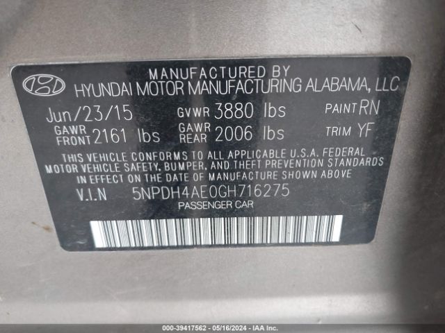 5NPDH4AE0GH716275 Hyundai ELANTRA SE