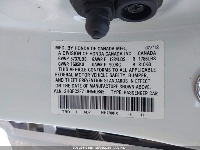 Honda CIVIC EX 2018 2HGFC2F71JH540845 Image 9