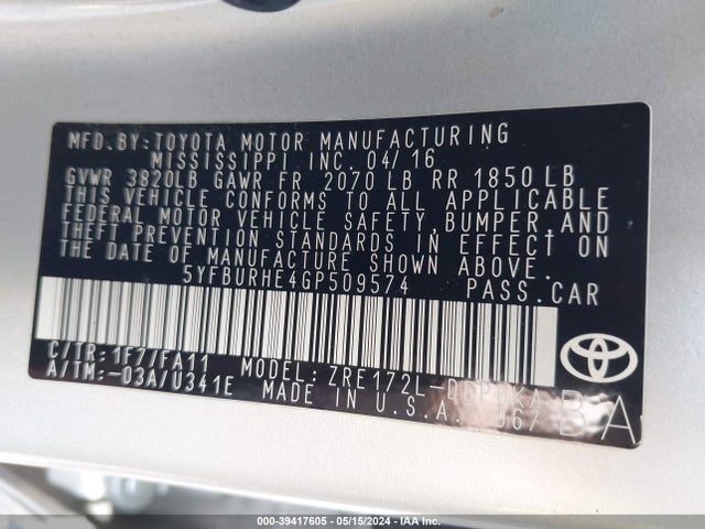 Toyota COROLLA L 2016 5YFBURHE4GP509574 Image 9