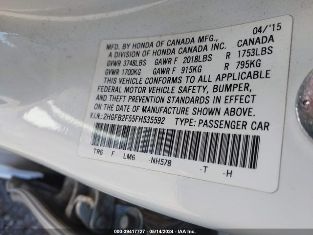 Honda Civic Lx 2015 2HGFB2F55FH535592 Image 9
