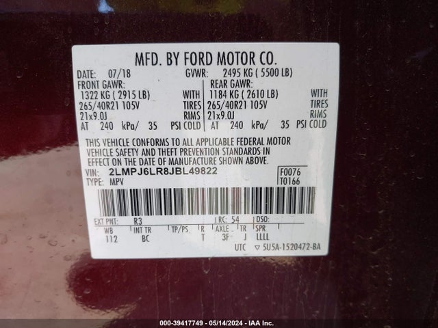Lincoln Mkx Reserve 2018 2LMPJ6LR8JBL49822 Image 9