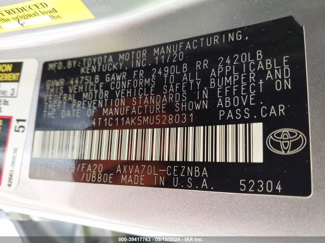 Toyota CAMRY LE 2021 4T1C11AK5MU528031 Image 9