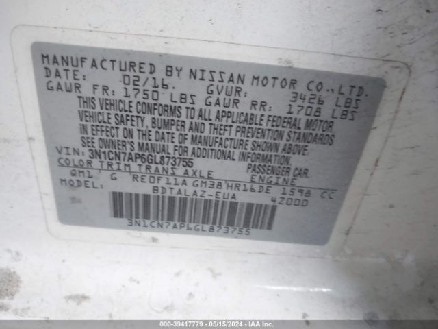 3N1CN7AP6GL873755 Nissan Versa 1.6 S+
