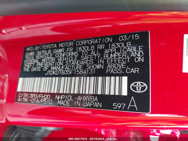 Toyota Prius C One 2015 JTDKDTB35F1584131 Image 9