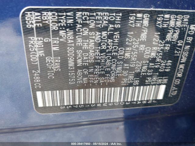 JN8AT3DD9MW315753 Nissan Rogue Platinum Intelligent Awd