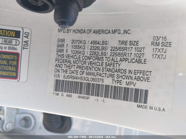Honda CR-V EX 2016 5J6RM4H53GL060375 Image 9
