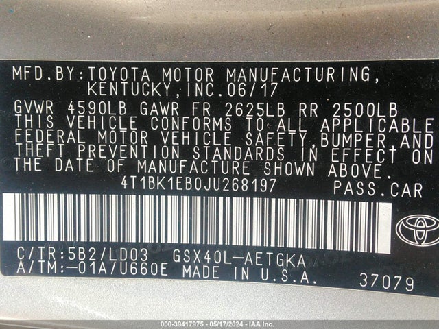 Toyota AVALON XLE 2018 4T1BK1EB0JU268197 Image 9