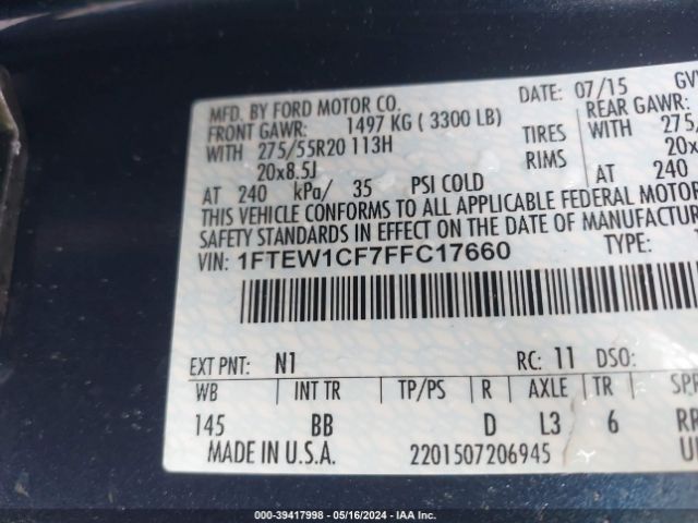 1FTEW1CF7FFC17660 Ford F-150 Platinum