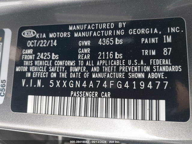 KIA OPTIMA EX 2015 5XXGN4A74FG419477 Image 9