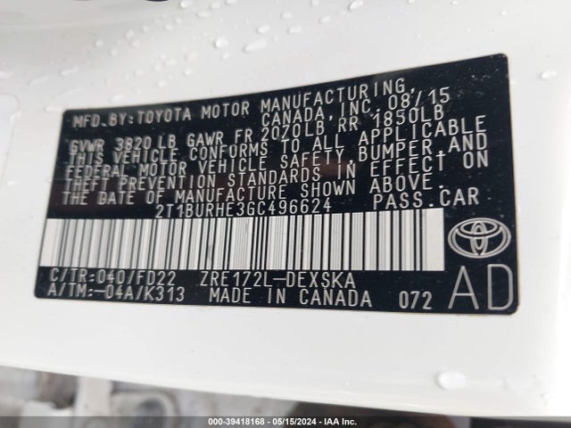 Toyota Corolla S 2016 2T1BURHE3GC496624 Image 9