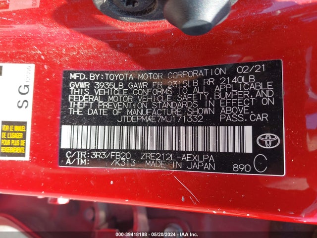 Toyota COROLLA LE 2021 JTDEPMAE7MJ171332 Image 9