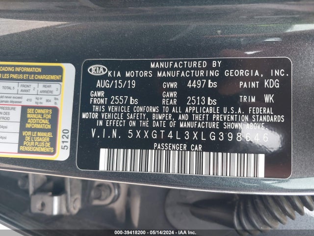 KIA Optima Lx 2020 5XXGT4L3XLG398646 Image 9