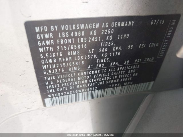 WVGBV7AX5GW026952 Volkswagen TIGUAN S